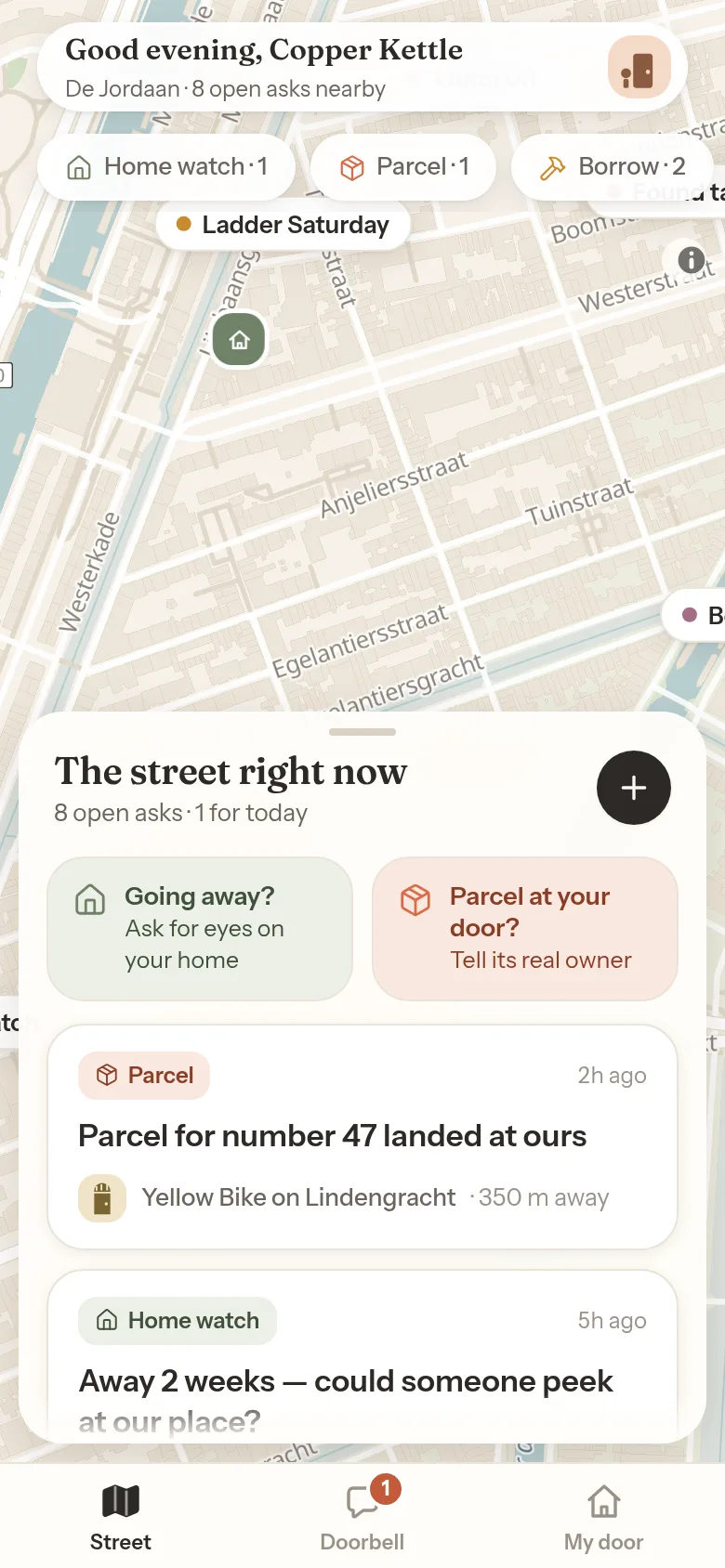 The Neighbr map: warm-toned streets of a neighborhood with request pills like ‘Ladder Saturday’, and a sheet listing open asks