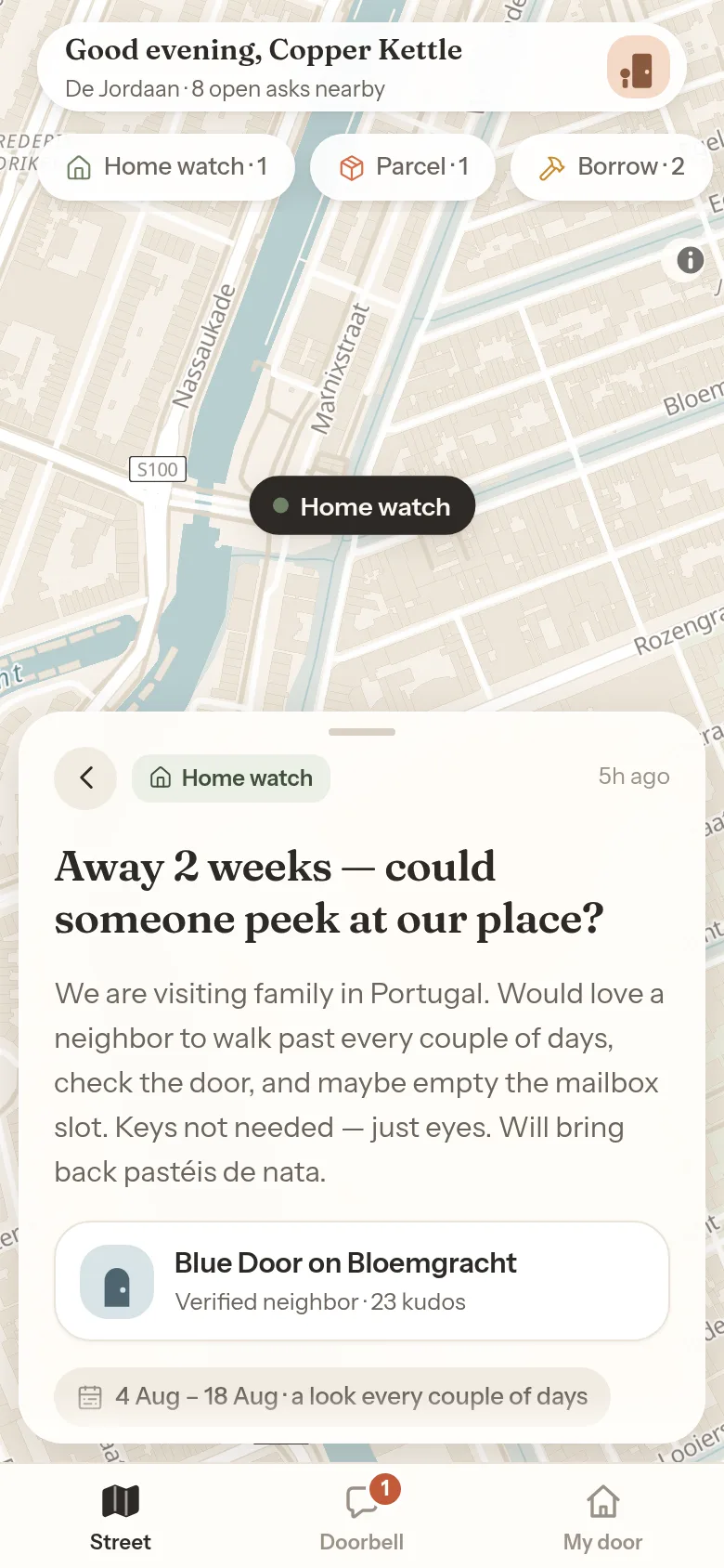 A home-watch request: away two weeks, a look every couple of days