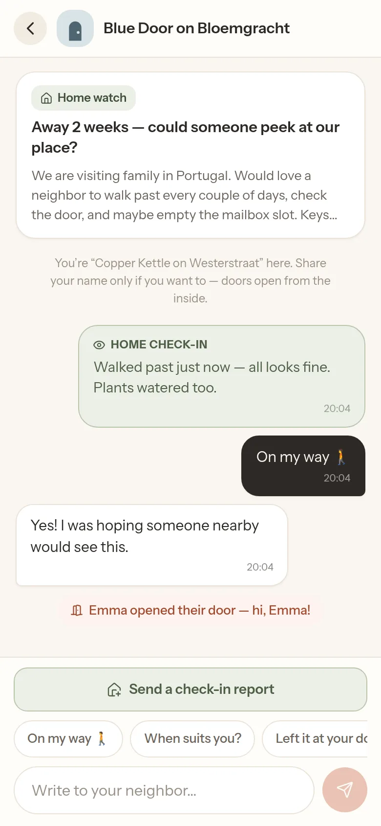 A Neighbr conversation with a home check-in report and a neighbor revealing their name