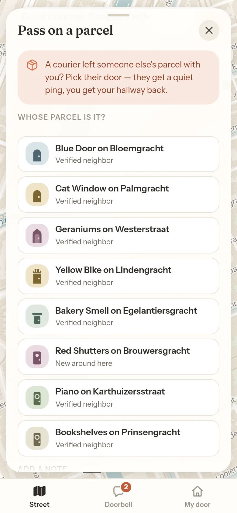 The parcel flow: pick the neighbor’s door, they get a quiet ping