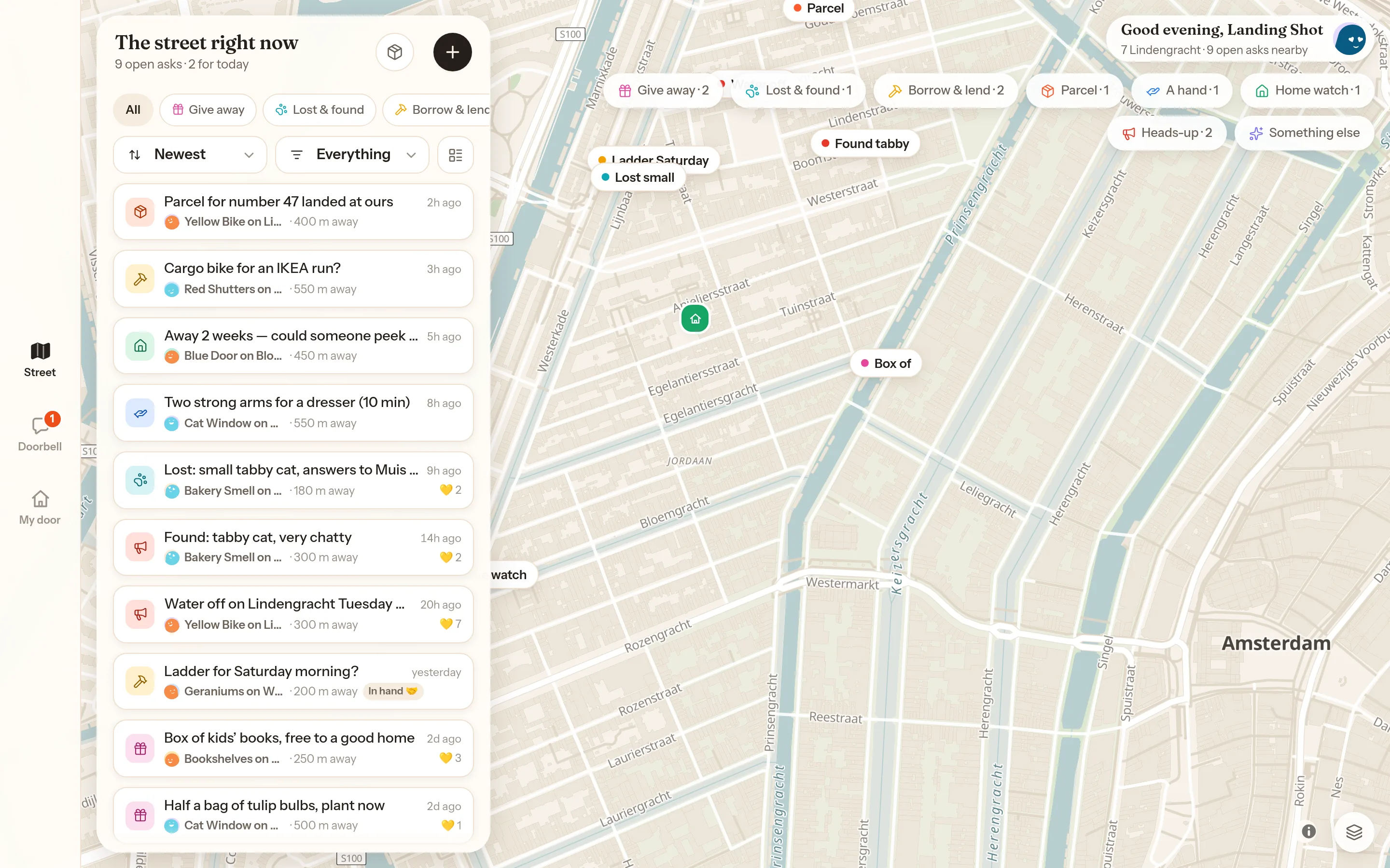 Neighbr in a desktop browser: the warm map of the street with ask pins on the left, the list of open asks alongside