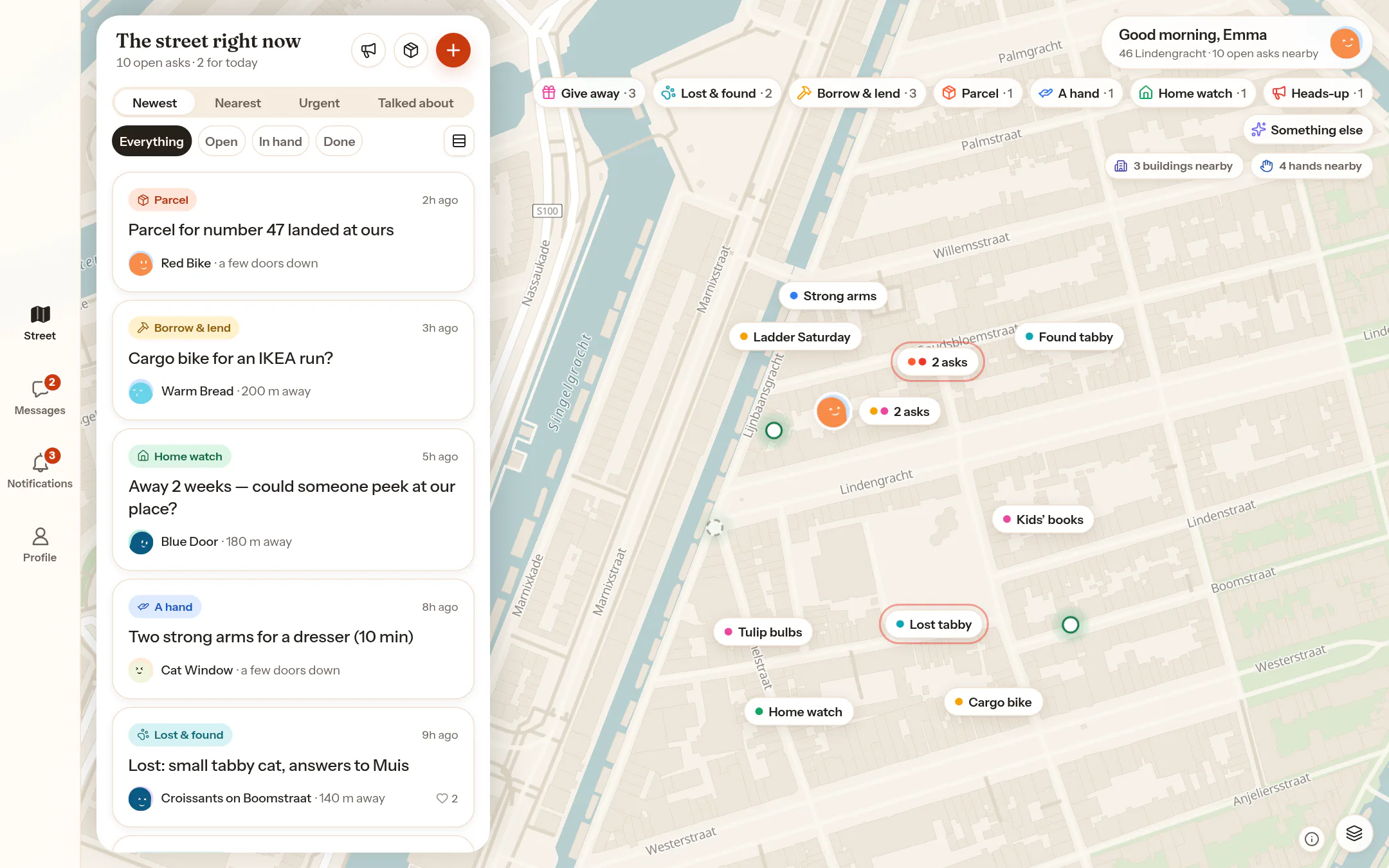 The demo app in a desktop browser: the full-bleed map, The street right now docked beside it as a panel, the tabs Street, Messages, Notifications, Profile as a rail.