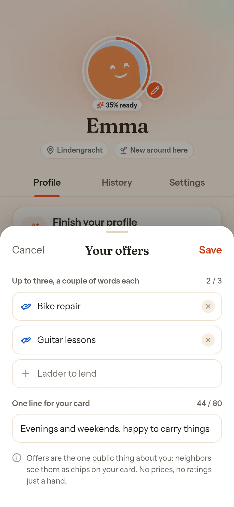 The Your offers sheet on Profile: chip fields with examples such as Bike repair, the one line for your card, and Save.