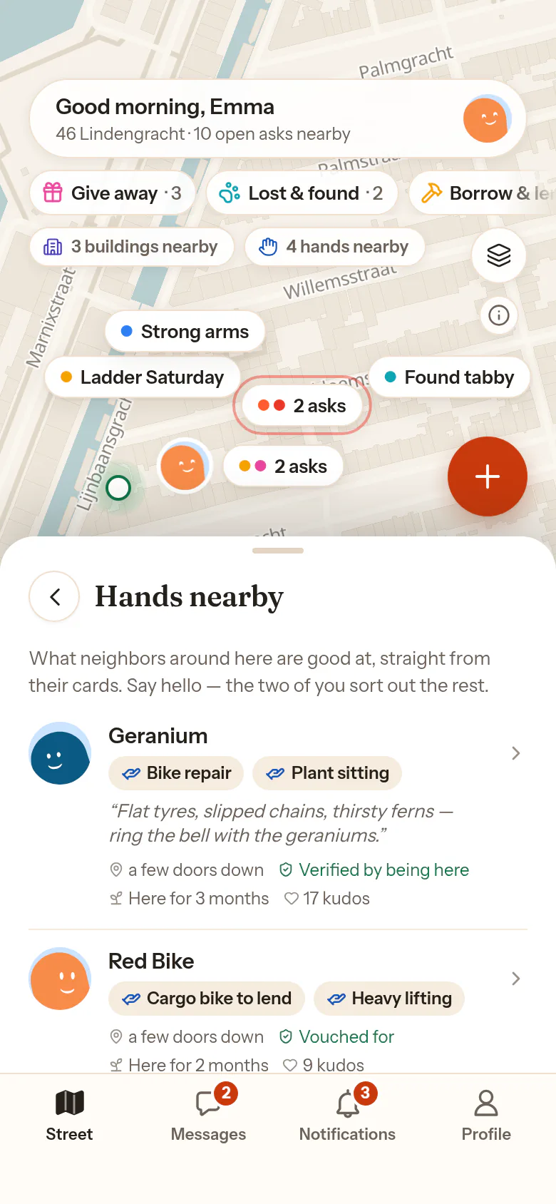 The Hands nearby sheet: neighbors such as Geranium with the offer chips Bike repair and Plant sitting, a bucketed distance, verification and kudos.