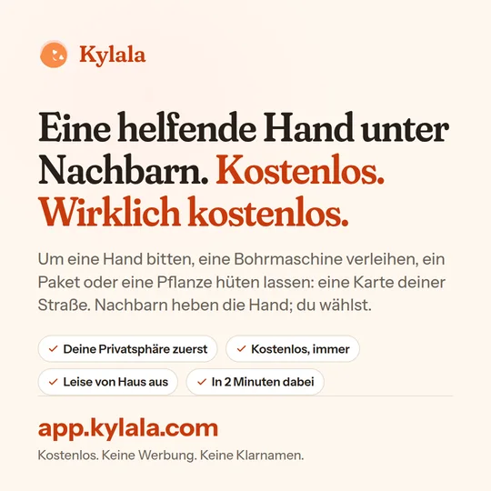 Die quadratische Karte: die Überschrift, eine Zeile und die Adresse app.kylala.com.