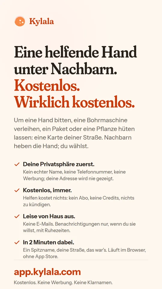 Die Story-Karte: die Überschrift, die vier Versprechen und die Adresse app.kylala.com.