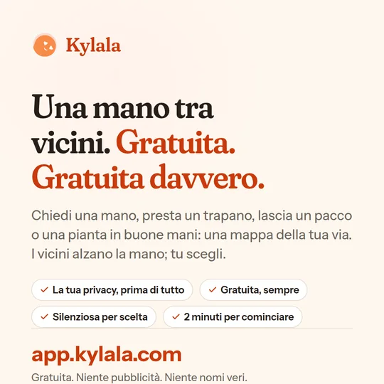 Il biglietto quadrato: il titolo, una riga e l’indirizzo app.kylala.com.
