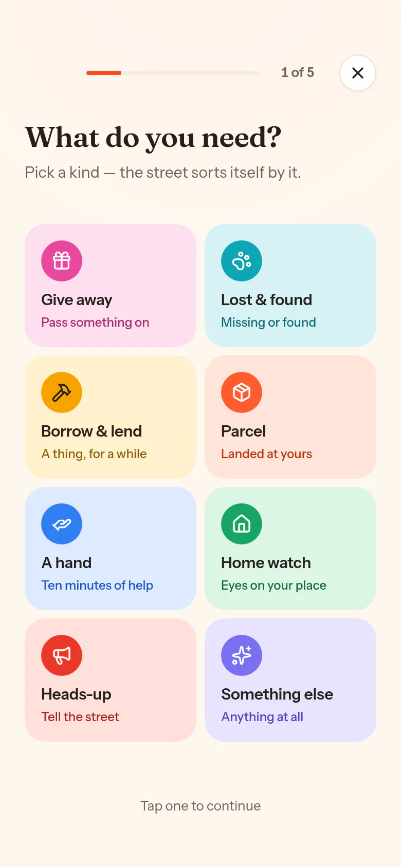 Posting an ask, step one of five: What do you need? A grid of eight tinted kinds from Give away to Something else.