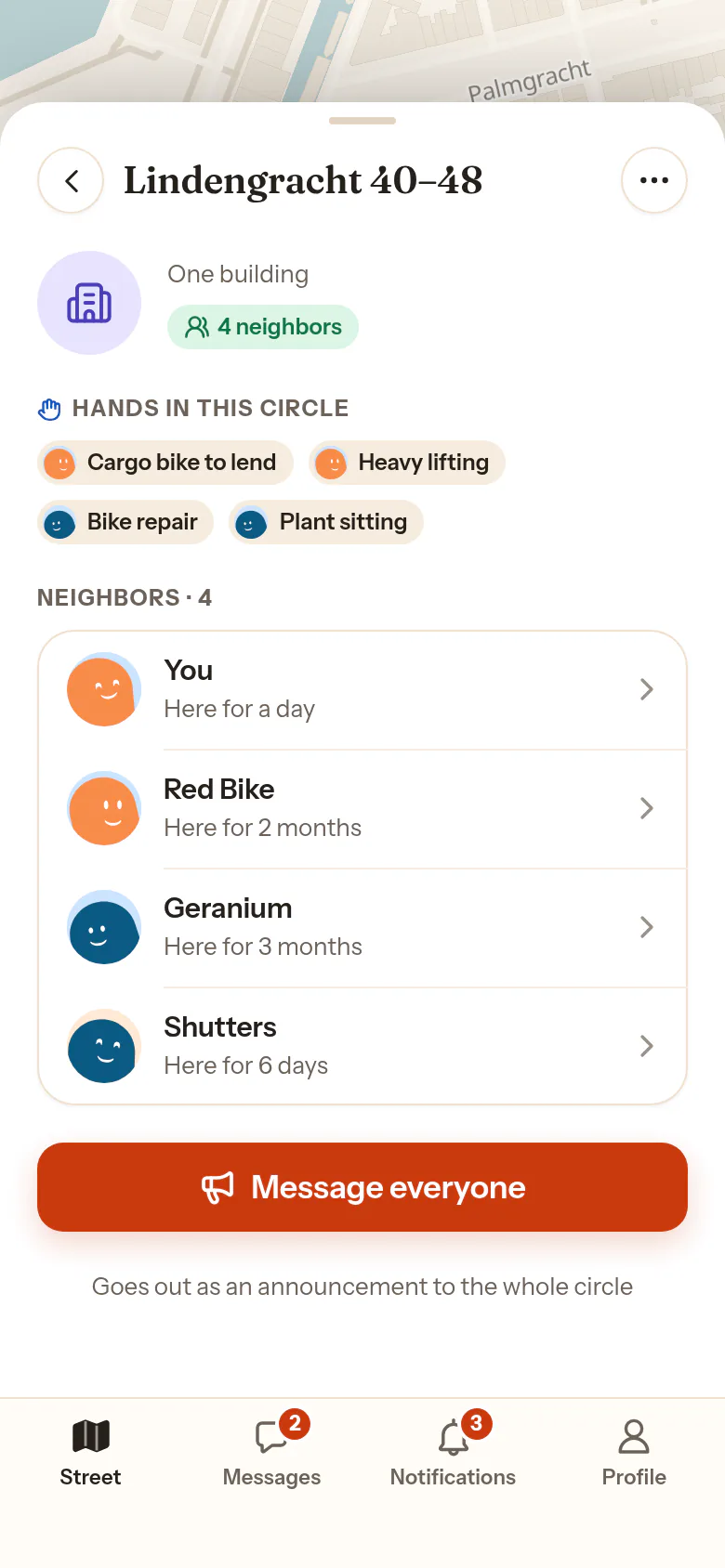 The circle page for Lindengracht 40–48: the neighbors, Hands in this circle chips, the neighbors list and Message everyone.