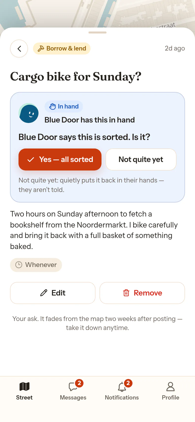 The done handshake on the asker’s card: Blue Door says this is sorted. Is it? with the two answers Yes, all sorted and Not quite yet.