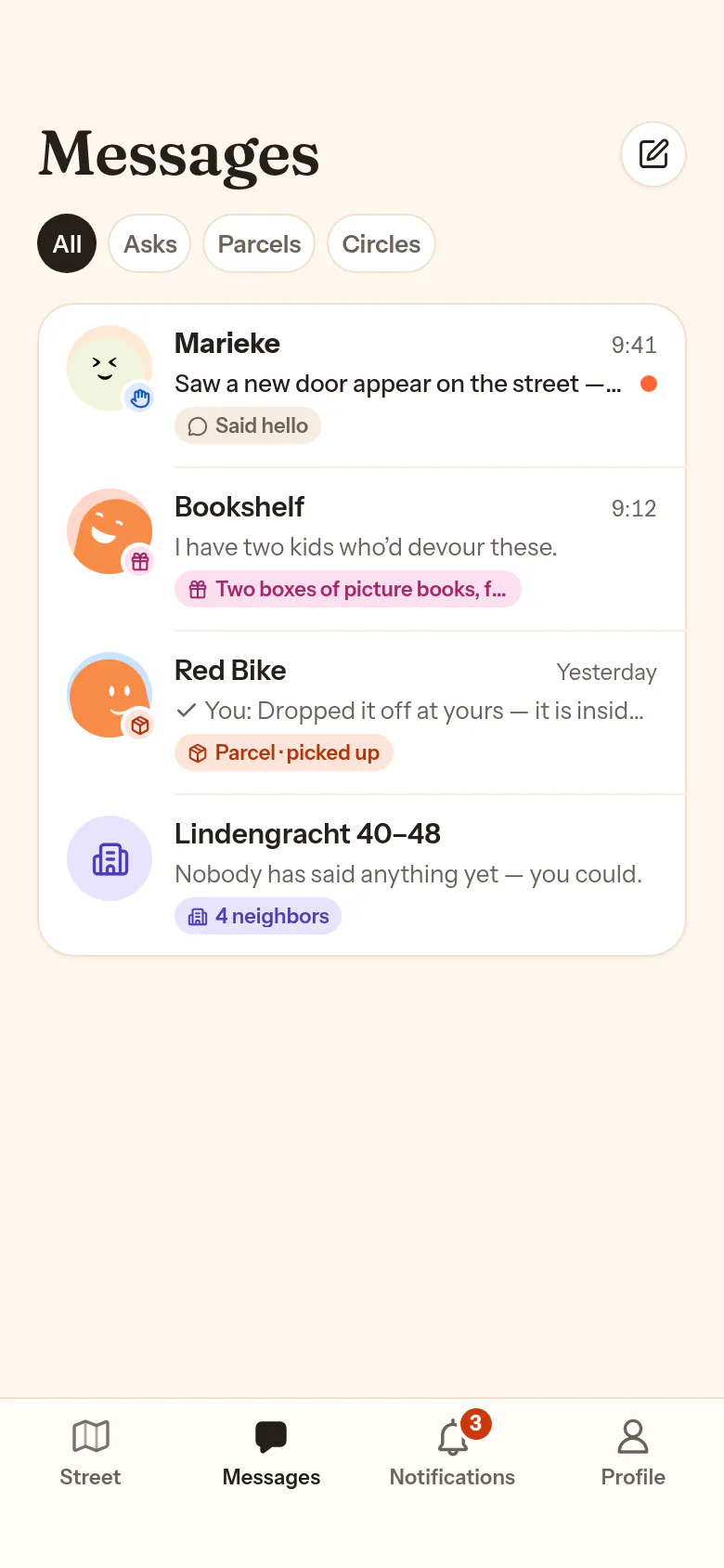 The Messages tab: filter chips All, Requests, Asks, Parcels, Circles, and conversation rows with a context chip such as Two boxes of picture books, free.