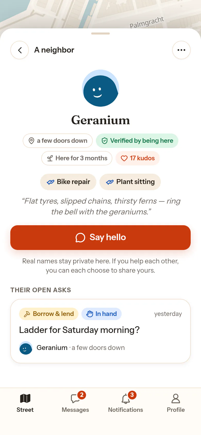 La scheda vicino di Geranium da Mani vicine: Verificato con la presenza, i kudos, le offerte Riparazione bici e Cura delle piante, e il pulsante Saluta.