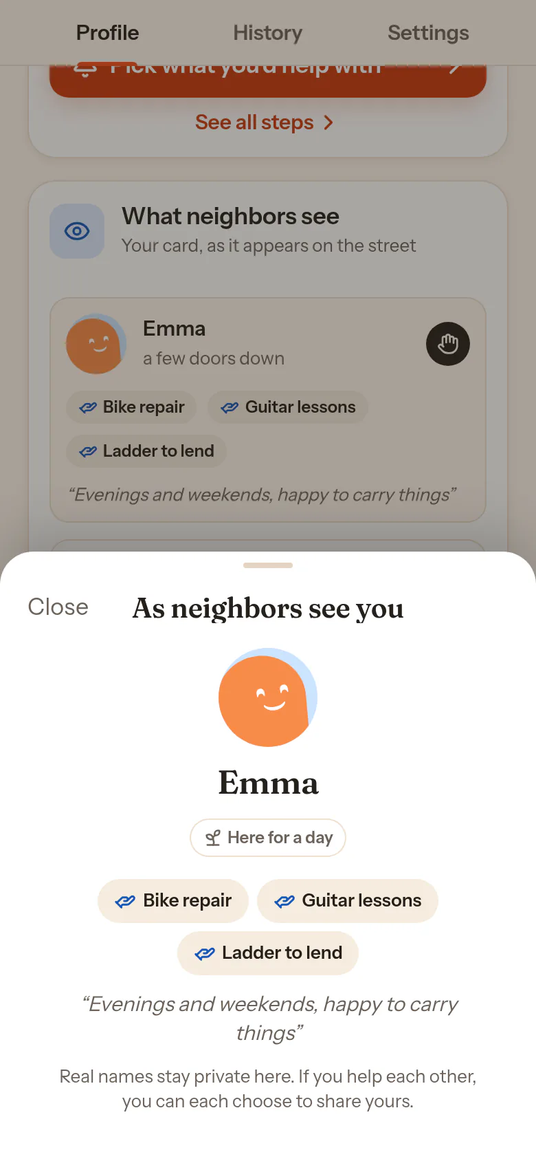 The As neighbors see you sheet: Emma’s avatar and nickname, a trust chip, three offer chips such as Ladder to lend and one line. No address, no real name.