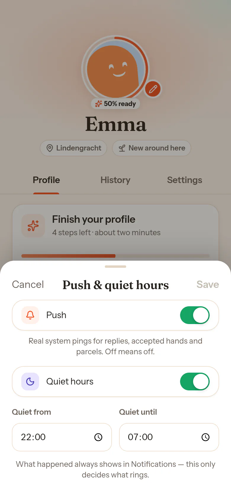 The Push & quiet hours sheet: a Push switch, a Quiet hours switch with Quiet from and Quiet until on a 24-hour clock, and the line What happened always shows in Notifications, this only decides what rings.